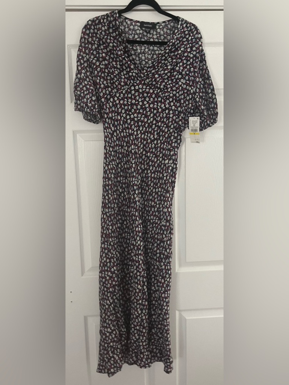 Karen Kane Black Floral Puff Sleeve Midi Dress with Flared Skirt
